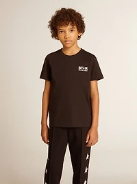 Black T-shirt with contrasting white logo on the front and maxi star back