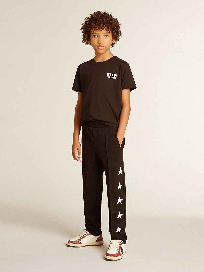 Black T-shirt with contrasting white logo on the front and maxi star back