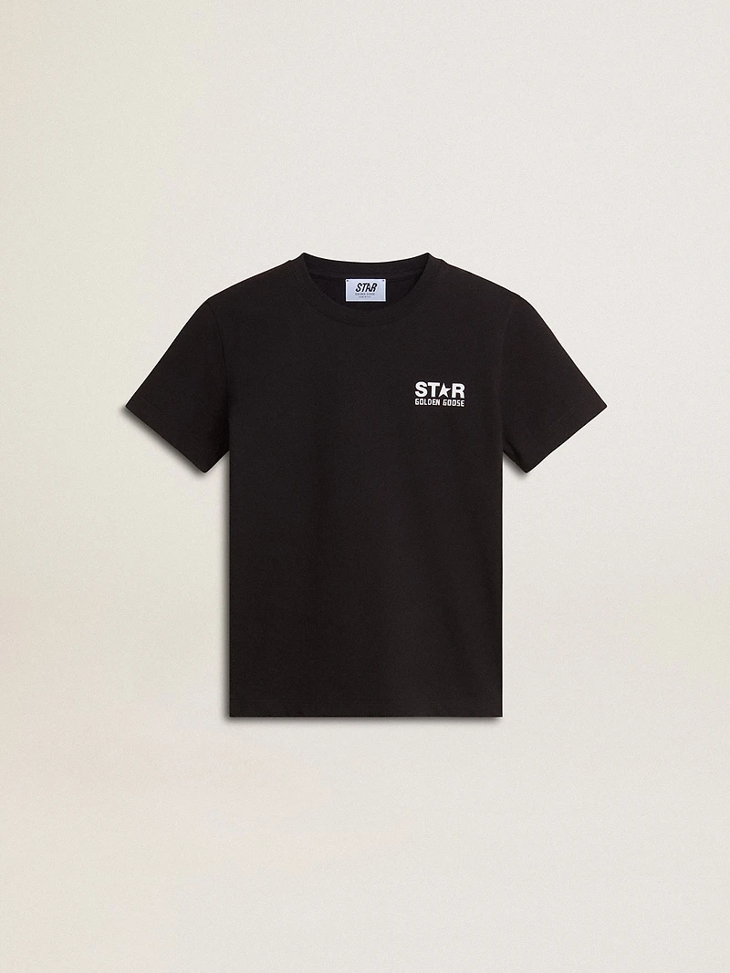 Black T-shirt with contrasting white logo on the front and maxi star back