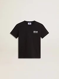 Black T-shirt with contrasting white logo on the front and maxi star back