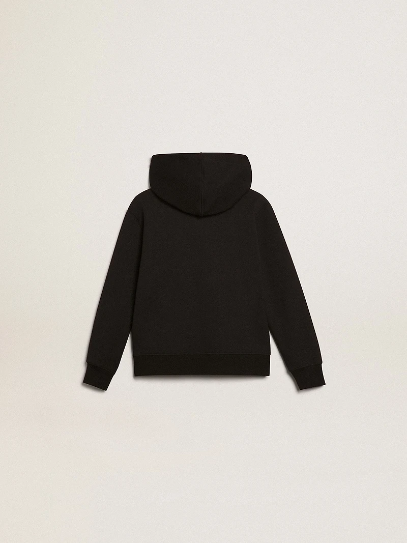 Black hooded sweatshirt with contrasting white star and logo