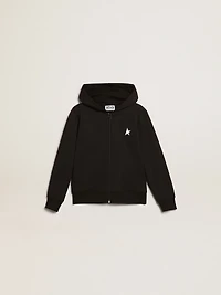 Black hooded sweatshirt with contrasting white star and logo