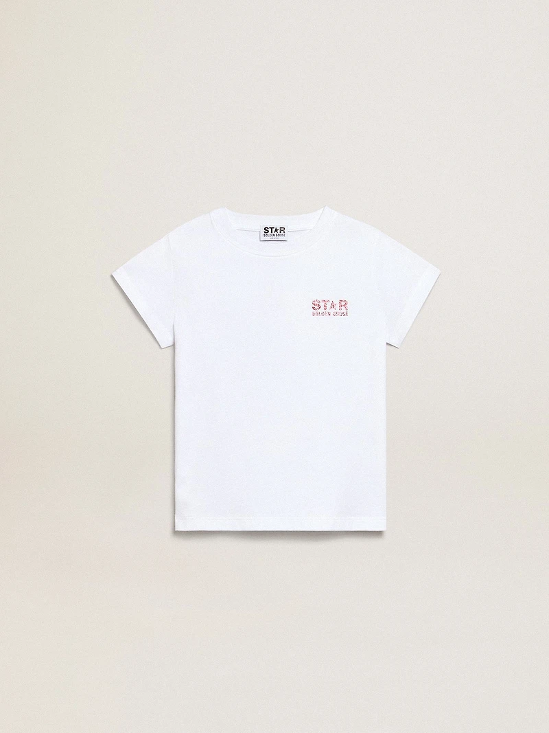 Girls’ white T-shirt with pink glitter logo and maxi star