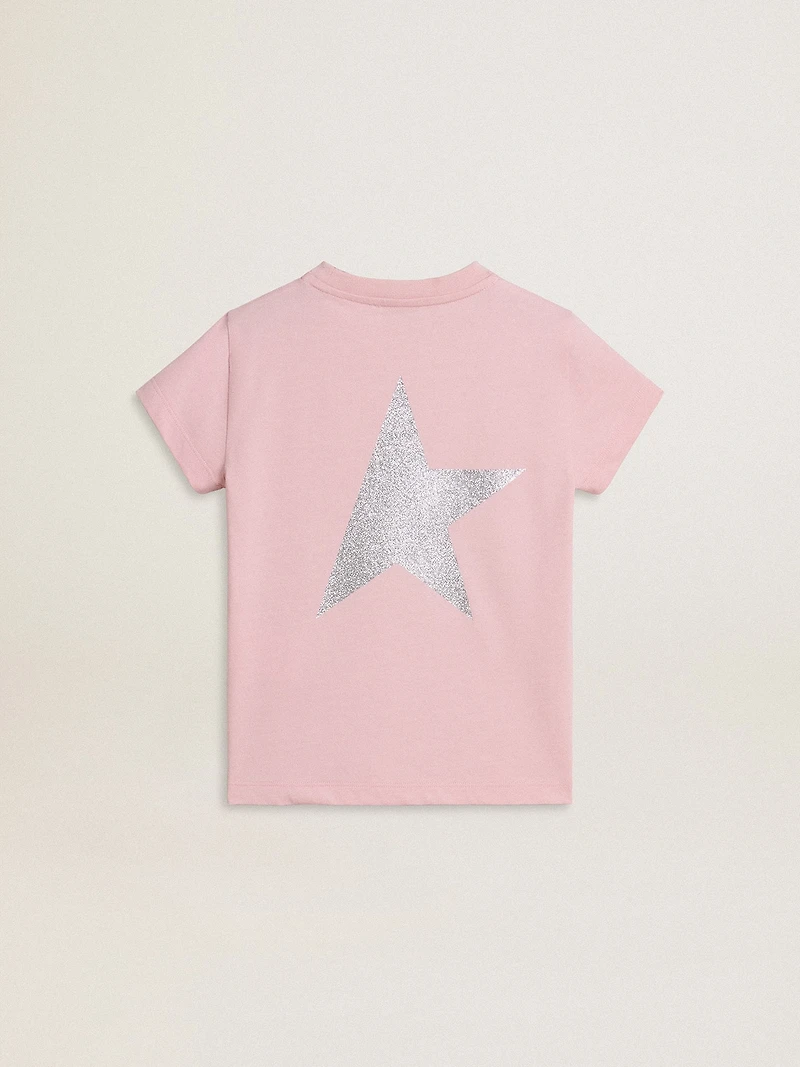 Girls' pink T-shirt with silver glitter logo and maxi star
