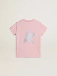Girls' pink T-shirt with silver glitter logo and maxi star