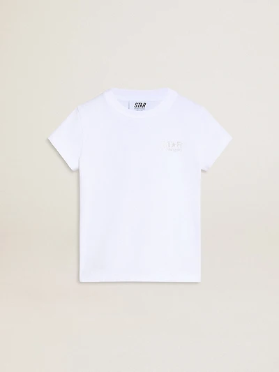White and silver T-shirt with logo and maxi star in silver glitter