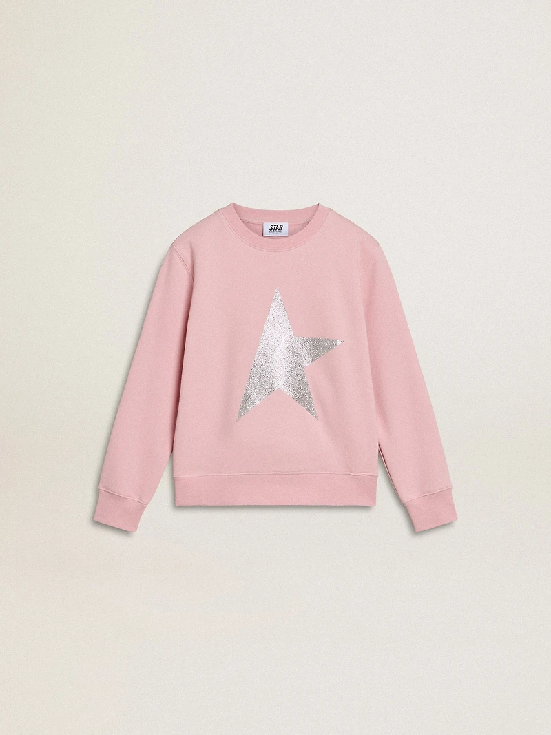 Pink sweatshirt with maxi star silver glitter on the front