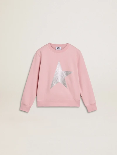 Pink sweatshirt with maxi star silver glitter on the front