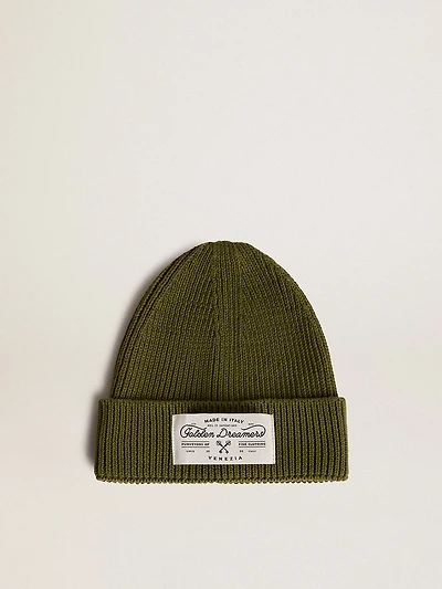 Military-green cotton beanie with appliqué label on the front