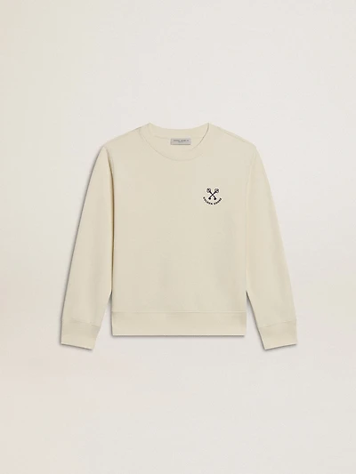 Girls' T-shirt in worn white with embroidery on the front and print on the back