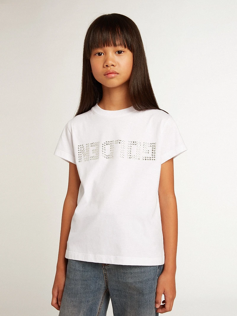 White T-shirt with central Golden lettering crystals