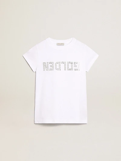 White T-shirt with central Golden lettering crystals