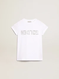 White T-shirt with central Golden lettering crystals