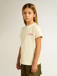 Girls' cotton T-shirt worn white with red embroidery on the chest