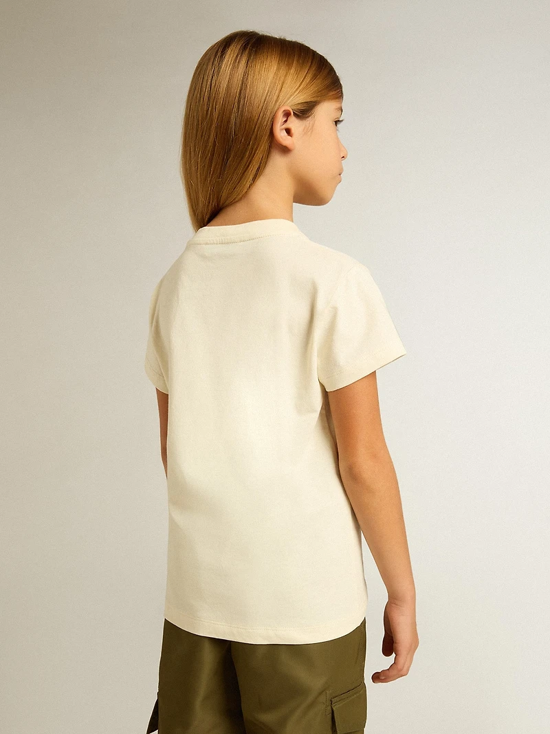 Girls' cotton T-shirt worn white with red embroidery on the chest