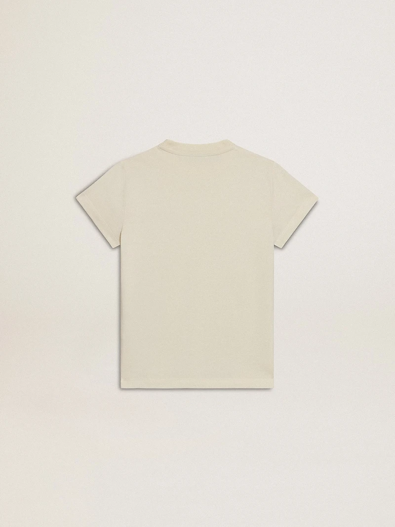 Girls' cotton T-shirt worn white with red embroidery on the chest