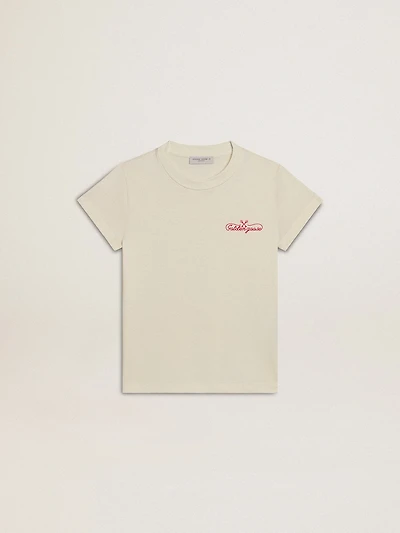 Girls' cotton T-shirt worn white with red embroidery on the chest