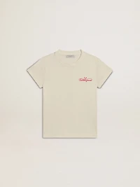 Girls' cotton T-shirt worn white with red embroidery on the chest