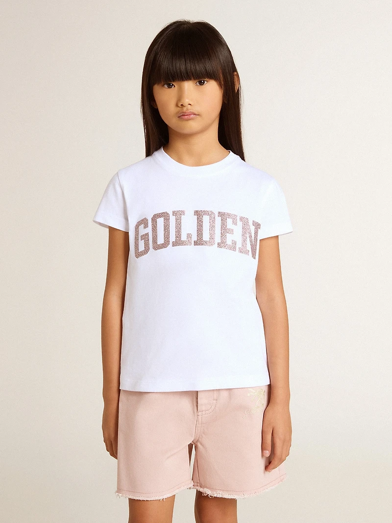 Girls' white T-shirt with pink glitter Golden lettering