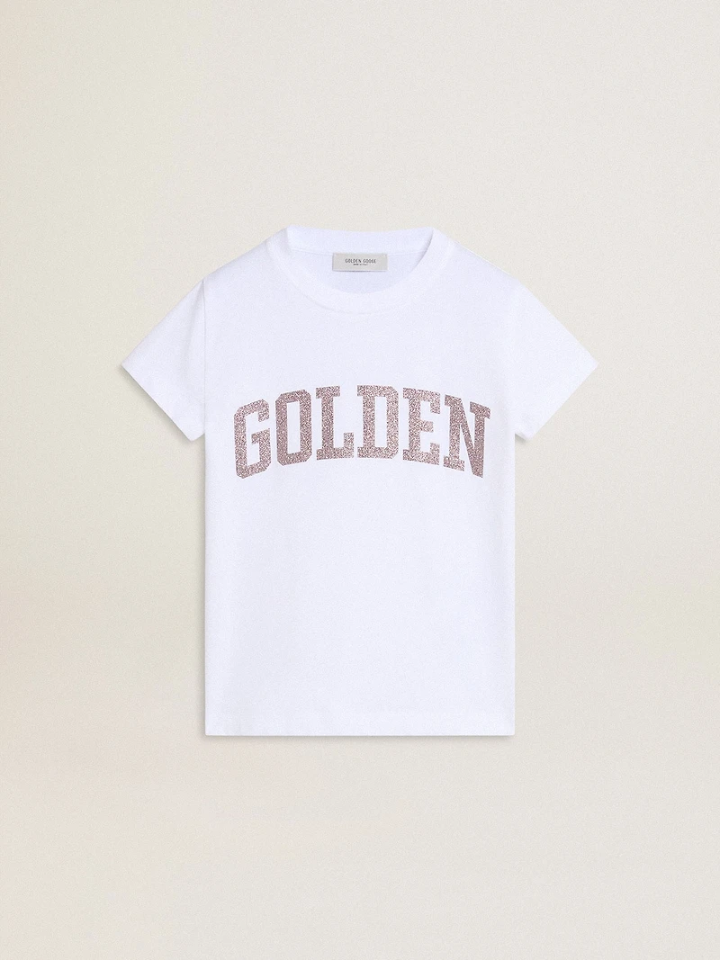 Girls' white T-shirt with pink glitter Golden lettering