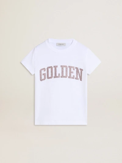 Girls' white T-shirt with pink glitter Golden lettering