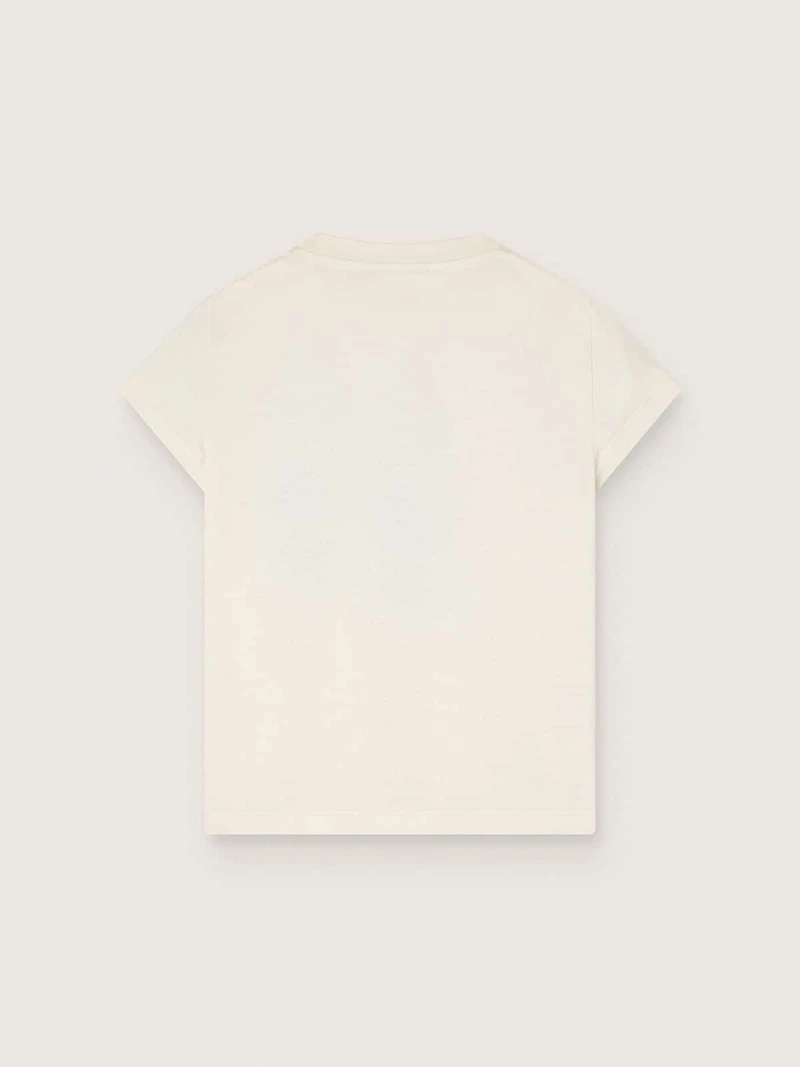 Journey T-shirt for girls white cotton jersey with digital mascot print and crystal appliqués