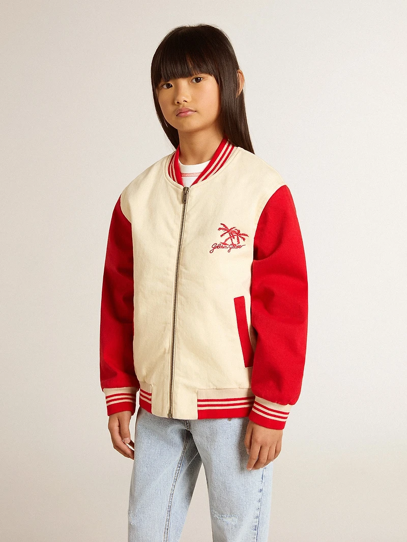 Kids' bomber jacket beige and red cotton with embroidery on the chest