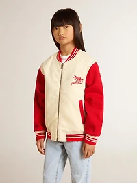 Kids' bomber jacket beige and red cotton with embroidery on the chest
