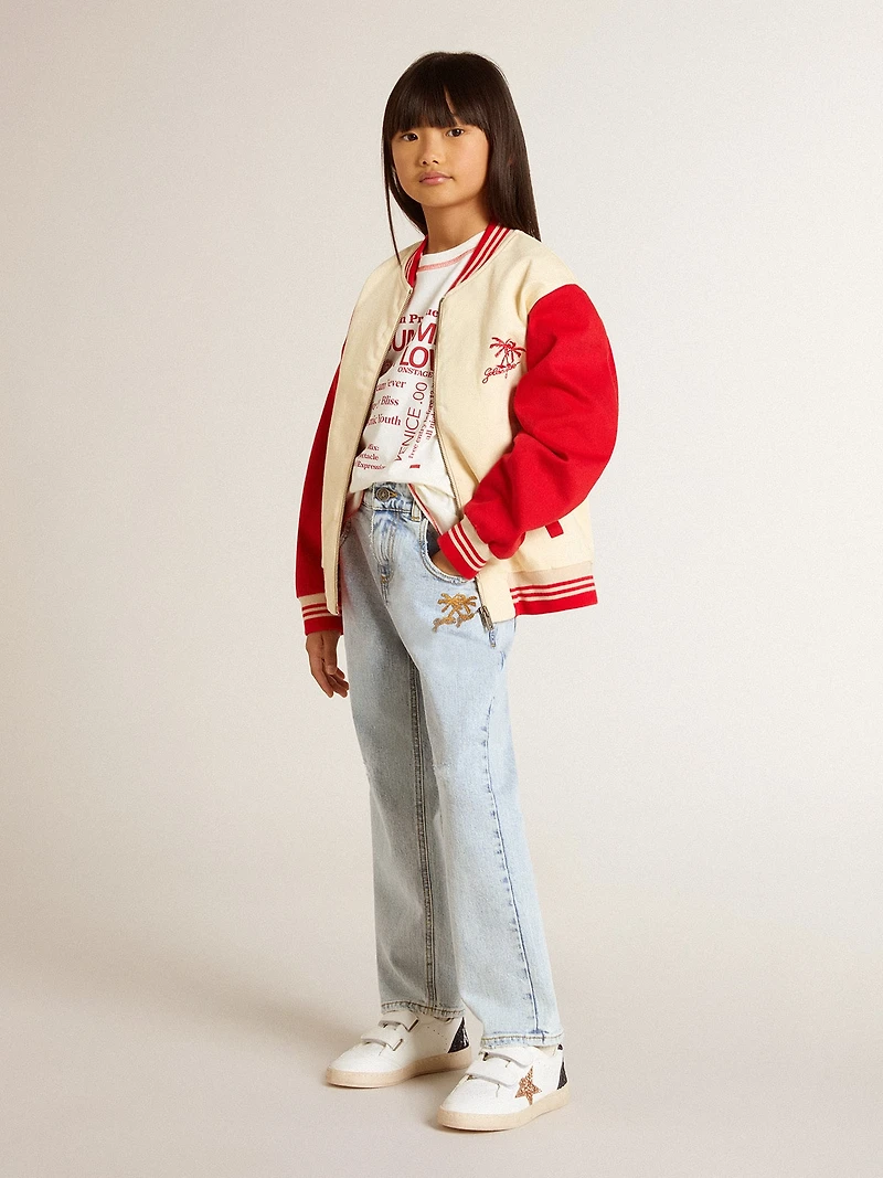 Kids' bomber jacket beige and red cotton with embroidery on the chest