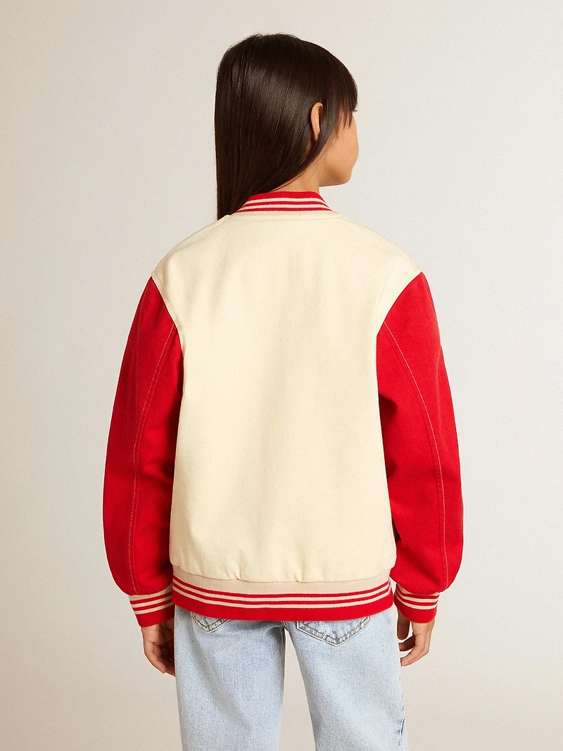 Kids' bomber jacket beige and red cotton with embroidery on the chest