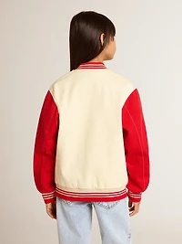 Kids' bomber jacket beige and red cotton with embroidery on the chest