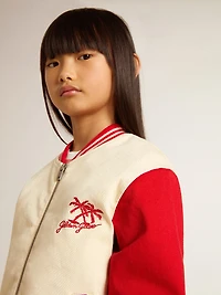 Kids' bomber jacket beige and red cotton with embroidery on the chest