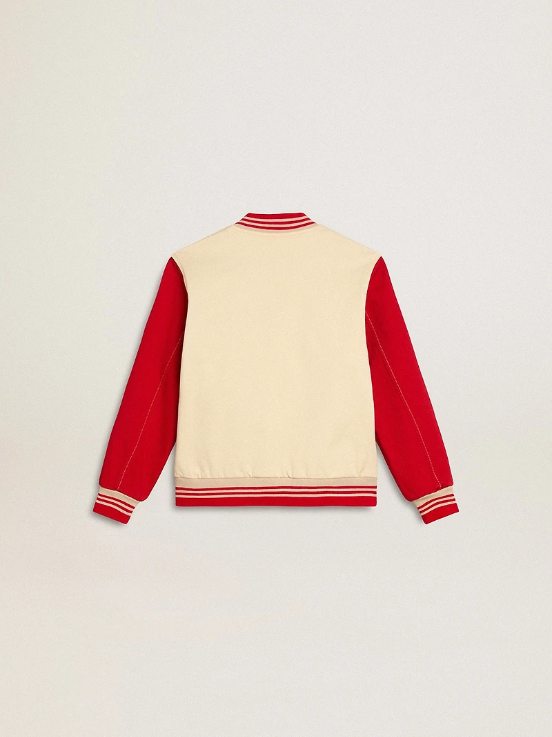 Kids' bomber jacket beige and red cotton with embroidery on the chest
