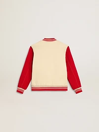 Kids' bomber jacket beige and red cotton with embroidery on the chest