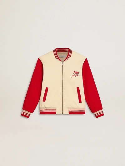 Kids' bomber jacket beige and red cotton with embroidery on the chest