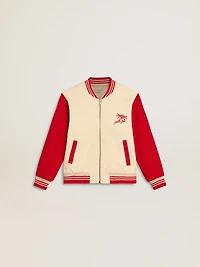 Kids' bomber jacket beige and red cotton with embroidery on the chest