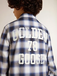 Boys' blue and white checked shirt with print on the back