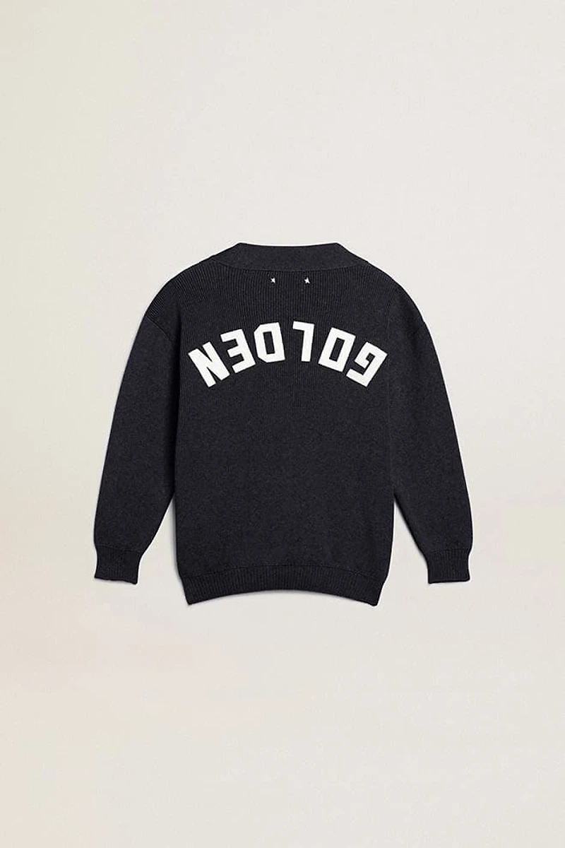 Dark blue cotton cardigan with logo on the back