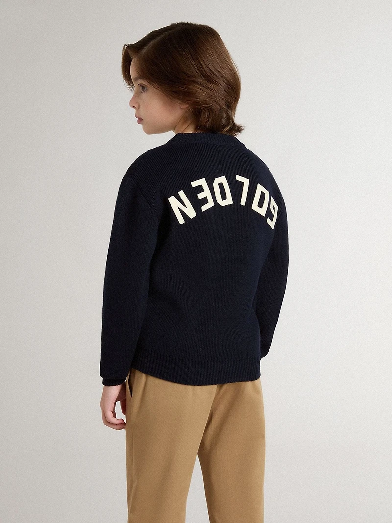 Boys’ blue crew-neck sweater with 'Golden' lettering on the back