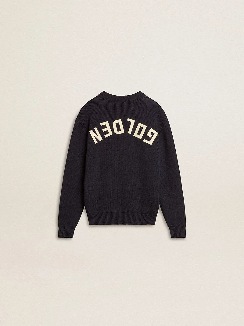 Boys’ blue crew-neck sweater with 'Golden' lettering on the back