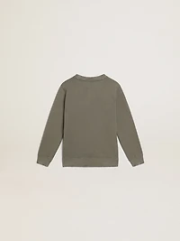 Distressed olive-green sweatshirt with Golden lettering on the front