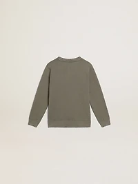 Distressed olive-green sweatshirt with Golden lettering on the front