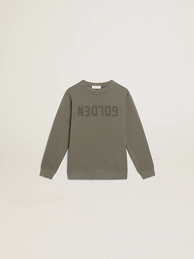 Distressed olive-green sweatshirt with Golden lettering on the front