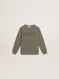 Distressed olive-green sweatshirt with Golden lettering on the front