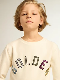 Sweatshirt aged white with multicolor Golden lettering on the front