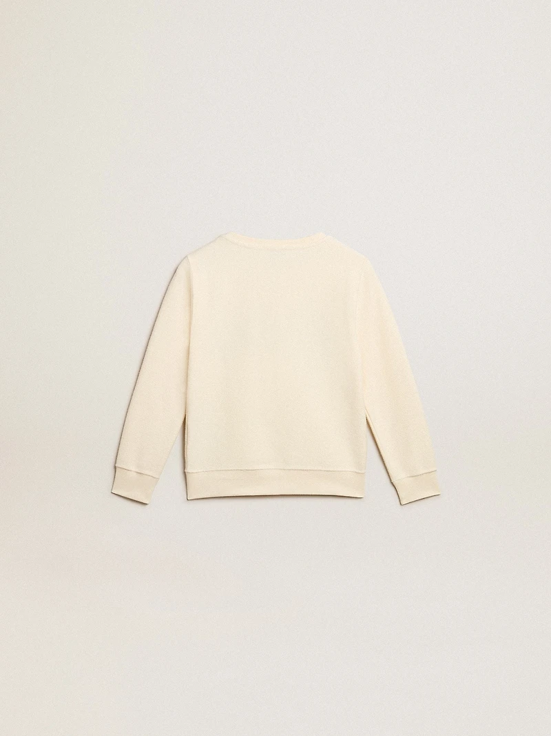 Sweatshirt aged white with multicolor Golden lettering on the front