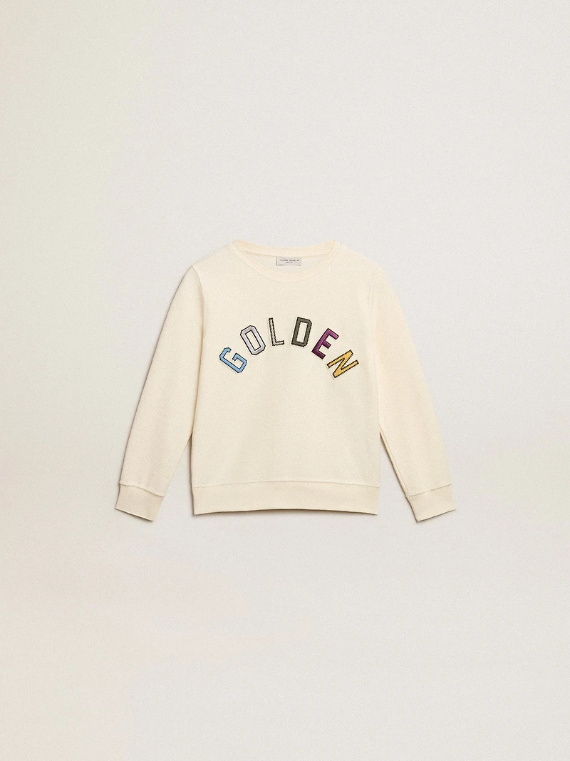 Sweatshirt aged white with multicolor Golden lettering on the front