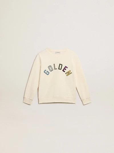 Sweatshirt aged white with multicolor Golden lettering on the front