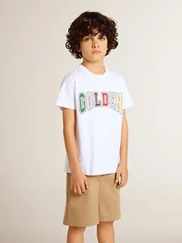 Boys' white T-shirt with multicolored Golden print