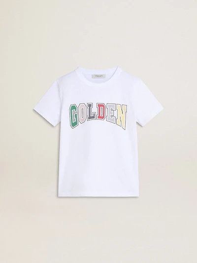 Boys' white T-shirt with multicolored Golden print